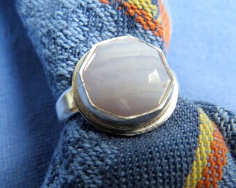 Rose Cut Blue Lace Agate in Sterling Ring, Size 7