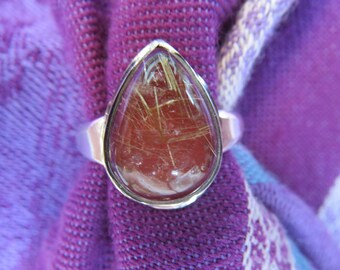 Red Gold Rutilated Quartz Teardrop in Sterling Ring Size 5