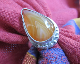 Flame Chevron Sardonyx Teardrop in Granulated Sterling Ring Size 8 & a Half