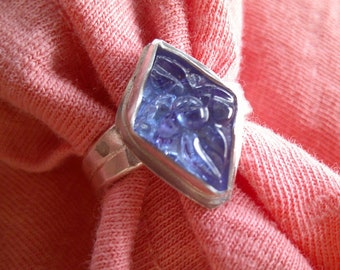 Exquisite Carved Tanzanite in Argentium Ring Size 6