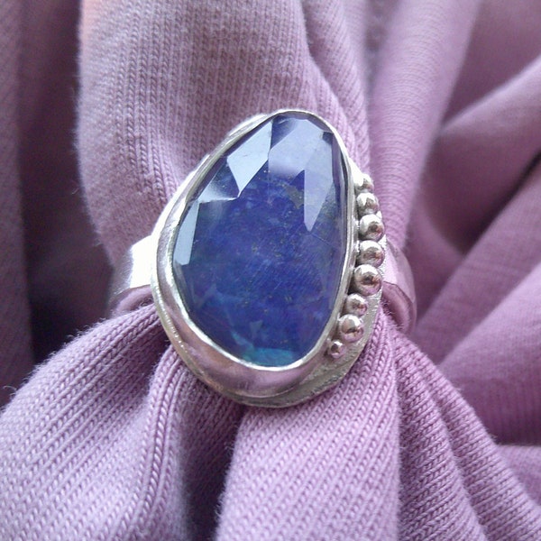 Flashing Lapis Lazuli in Granulated Sterling Ring Size 8