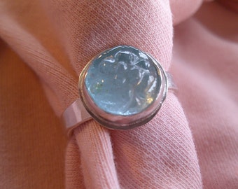 Carved Round Blue Topaz in Argentium Ring Size 9