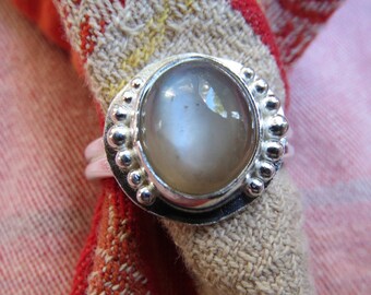 Speckled Gray Moonstone in Granulated Argentium Ring Size 8