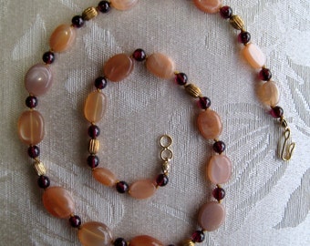 Peach Moonstone & Garnet Necklace Hand Knotted w 14K Gold Filled