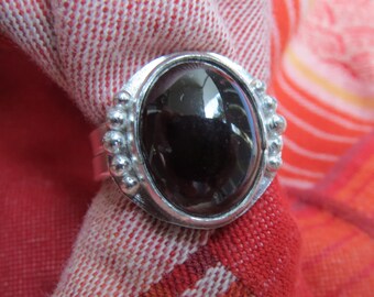 Large Genuine Garnet in Granulated Silver Ring Size 7