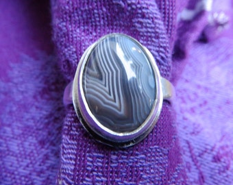 Chevron Botswana Agate in Argentium Ring Size 9-1/2