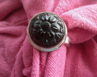 Carved High Dome Black Onyx in Argentium Ring Size 10