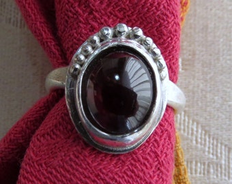 Genuine Garnet in Granulated Sterling Ring Size 5-1/2