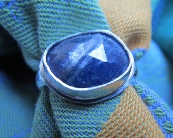 Banded Deep Blue Sapphire Rose Cut in Sterling Ring Size 7.75