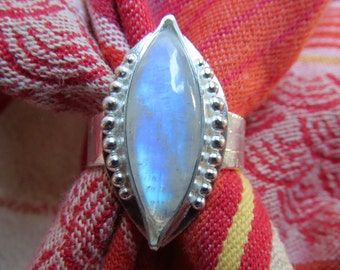 Rainbow Moonstone Navette in Granulated Sterling Ring Size 8.25