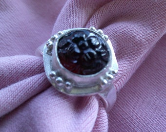 Carved Garnet in Granulated Sterling Ring Size 8