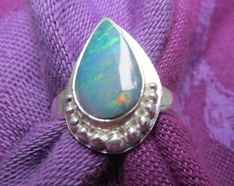 Multi Color Opal Teardrop in Granulated Argentium Ring Size 7