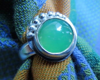 Mint Green Chrysoprase in Granulated Sterling Ring Size 7.25