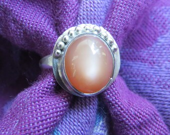 Peach Moonstone in Granulated Argentium Ring Size 6