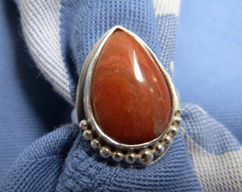 Red Lake Superior Agate Teardrop in Granulated Argentium Ring Size 6