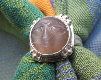 Carved Moon Face Large Gray Moonstone in Granulated Argentium Ring