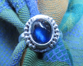 Lab Grown Blue Sapphire in Granulated Sterling Ring, Size 5.5