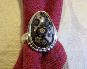 Leopard Skin Agate in Granulated Sterling Ring Size 7-1/2