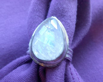 Rose Cut Rainbow Moonstone in Argentium Silver Ring Size 7-1/2