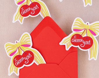 Cherish You Bow Cherry Mini Flat Die Cut Greeting Card - Single