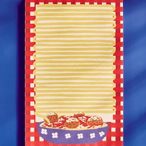 May include: A rectangular notepad with a red and white checkered border. The notepad features a yellow spaghetti design with a blue bowl of meatballs at the bottom. The notepad is on a blue background.