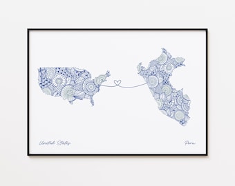 USA Peru Map Print, Country Connection Gift, Faraway Love Gift