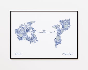 Impresión de mapa de Canadá y Mozambique, arte de viaje de dos países, arte mural minimalista de viajes