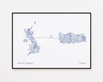 United Kingdom Turkey Map Print, Country Connection Wall Art, Long Distance Relationship Gift