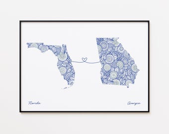 Impresión de mapas de Florida y Georgia, mapa de conexión de estados, regalo de inauguración de la casa