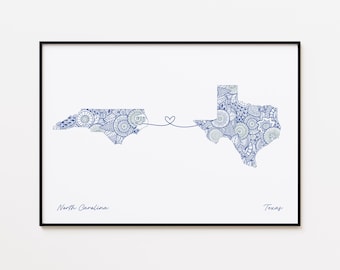 Mappa della Carolina del Nord e del Texas, mappa dei collegamenti tra gli stati, regalo di addio