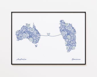 Australia Dominica Map Print, Two Countries Travel Art, Friendship Travel Print
