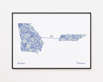 Impresión de mapa de Georgia y Tennessee, arte de viaje de dos estados, arte de pared minimalista de viaje