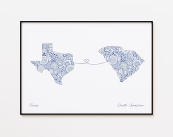 Impresión de mapa de Texas y Carolina del Sur, impresión de conexión estatal, regalo de doble ciudadanía