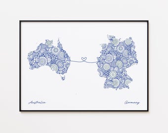 Impresión de mapa de Australia y Alemania, arte de amor entre dos países, impresión de viaje de amistad