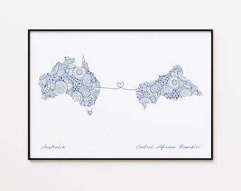 Australia Central African Republic Map Print, Two Countries Friendship Gift, Friendship Travel Print