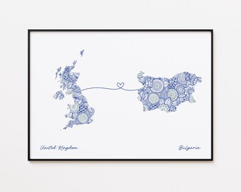 United Kingdom Bulgaria Map Print, Two Country Love Art, Minimal Travel Wall Art