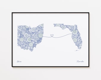 Ohio Florida Map Print, State Heart Map, Dual Citizenship Gift