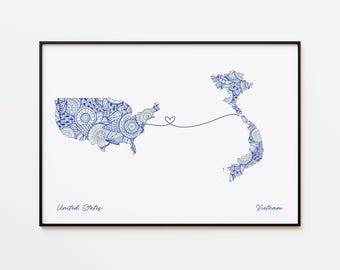 Impresión de mapas de EE. UU. y Vietnam, mapa de conexión entre países, impresión de mapas de amistad