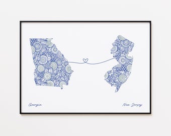 Impresión de mapa de Georgia y Nueva Jersey, arte de la amistad entre dos estados, arte mural minimalista de viajes