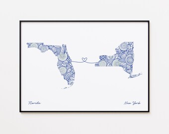 Impresión de mapa de Florida y Nueva York, impresión de conexión estatal, regalo para relaciones a distancia