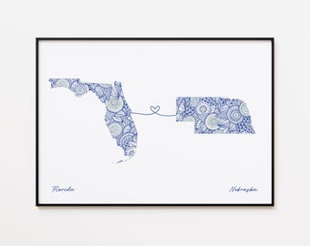 Impresión de mapas de Florida y Nebraska, mapa de conexión de estados, regalo para mudanza