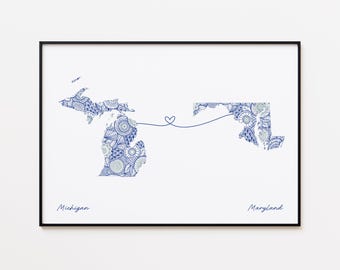 Impresión de mapas de Michigan y Maryland, arte de conexión entre estados, impresión de mapas de la amistad