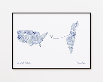 Impresión del mapa de Palestina y EE. UU., regalo de amistad entre dos países, arte mural minimalista de viaje