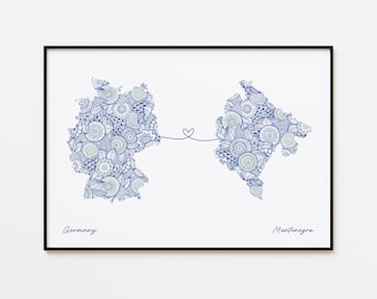 Germany Montenegro Map Print, Two Country Love Art, Dual Citizenship Gift