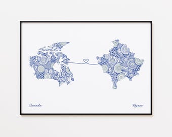Impresión del mapa de Kosovo y Canadá, regalo de conexión con el país, regalo de inauguración de la casa