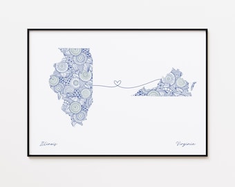 Impresión de mapa de Illinois y Virginia, mapa del estado con forma de corazón, regalo de inauguración de la casa