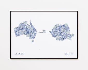 Australia Romania Map Print, Country Connection Print, Borderless Love Gift