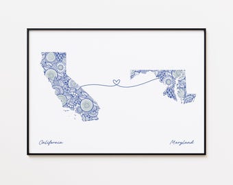Impresión de mapa de California y Maryland, arte de la amistad entre dos estados, regalo para una relación a distancia