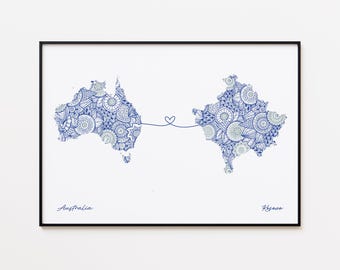 Australia Kosovo Map Print, Country Connection Art, Borderless Love Gift