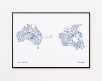 Australia Canada Map Print, Moving Abroad Gift, Housewarming Gift